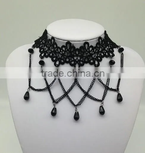 Women Gothic Black Beads Drop Lace Choker Collar Retro Chain Tassel Necklace photo-2