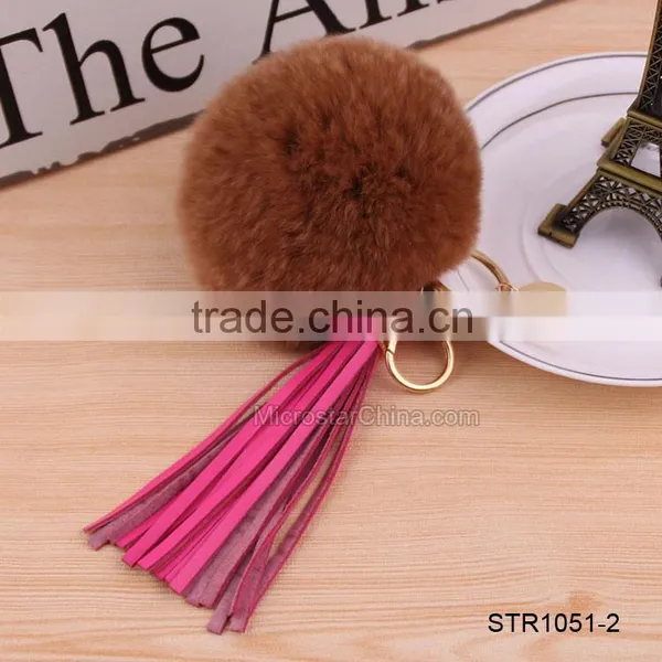 Custom Logo Genuine Leather Tassel Rabbit Fur Key Chain Pom Pom Fur Keychain photo-4