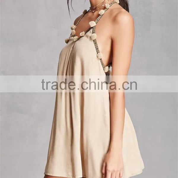 Good Quality V-neckline Embroidered Detailing Pom Pom Halter Dress photo-6
