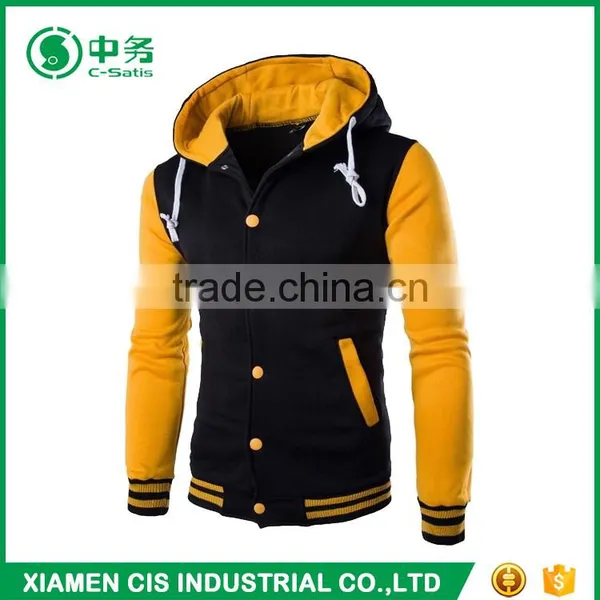 New Fashion American Yellow Sleeves Mens Blank Baseball Varsity Jacket With Hoodie photo-2