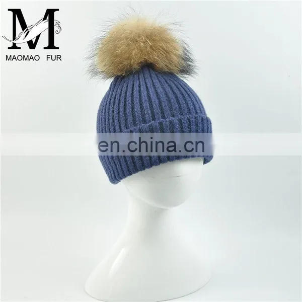 Kids Funny Hat With Big Genuine Raccoon Fur Ball Winter Knit Hat Baby Crochet photo-3