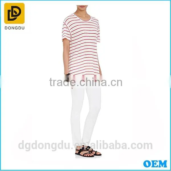 Wholesale 2016 Cheap Custom Pretty Quality Lady Striped Linen T-shirt photo-2