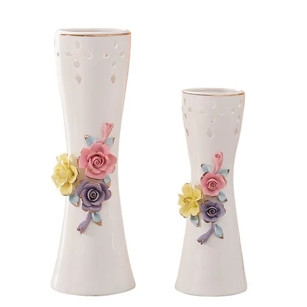 Chinese Fresh White Red Rose Hollow Out Gilded Hand Made Ceramic Vase For Wedding Gift photo-5