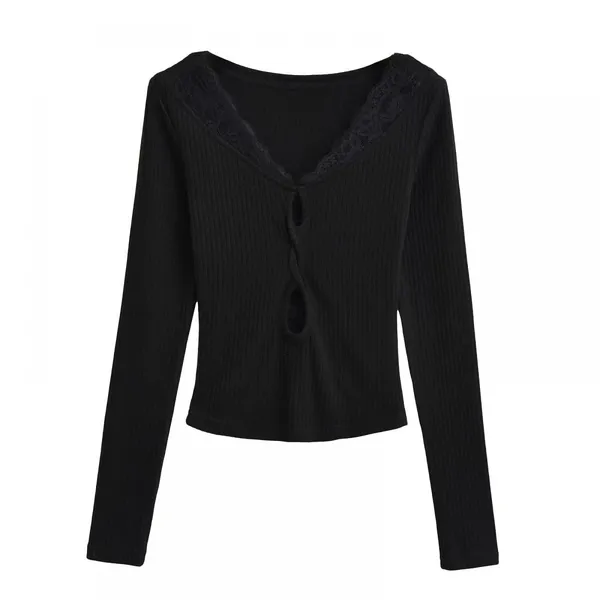 Pure Lust Lace Stitching Hollow-out Long-sleeved T-shirt Women's 2024 Autumn and Winter New Hot Girl V-neck Slim-fitting Top photo-2
