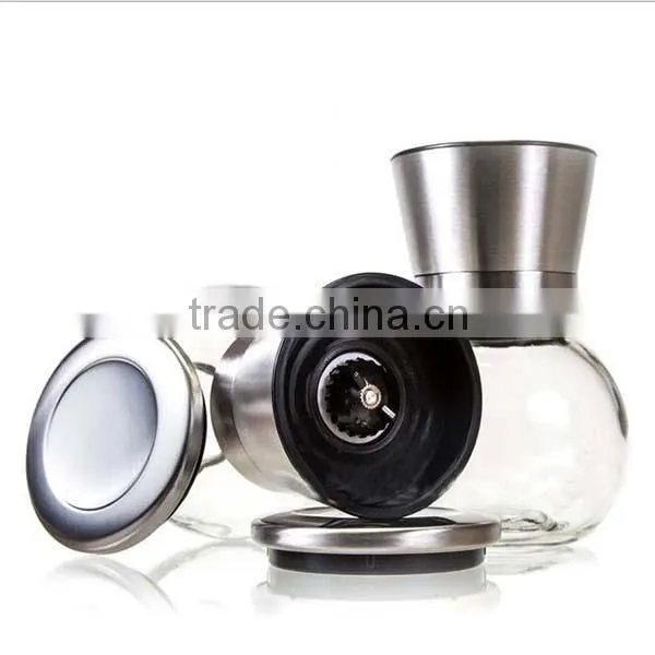 Unique Design Brushed Stainless Steel and Glass Salt and Pepper Grinder Set Large Capacity Round Glass Body photo-4