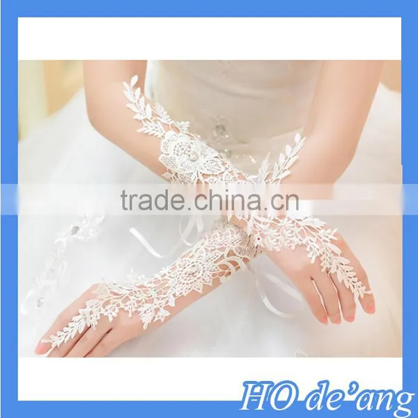 Hogift High Quality Wedding Party White Gloves/Flower Pearl Lace Gloves photo-3