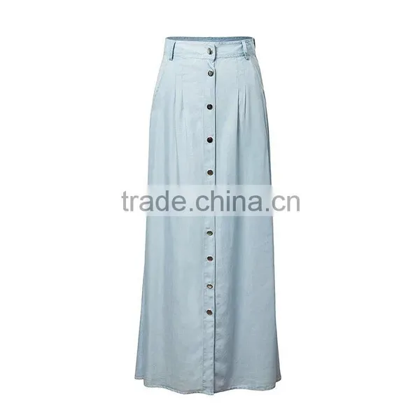 Professional Jeans Manufacture in Guangzhou China Girls Fashion Women High Waist Skinny Front Button Denim Jeans Long Skirts