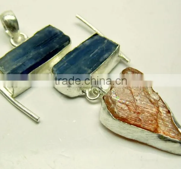 Kyanite & Sunstone Multi Stone Rough Gemstone Pendant, 925 Solid Sterling Silver Pendant, Designer Raw Vermeil Pendant photo-2