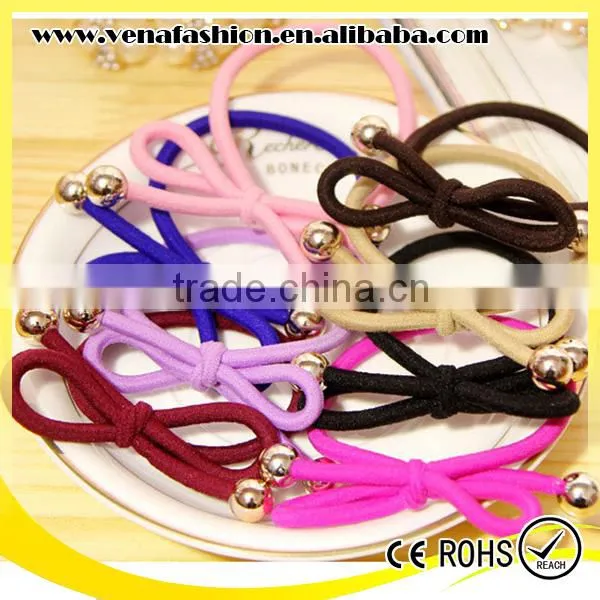 Small Quantity Knot Hair Bows Girls Elastic Hair Band With Beads photo-2