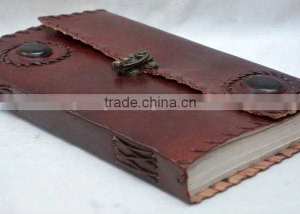 Handmade Vintage Dual Stone Embossed Leather Notebook With Clasp photo-3