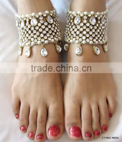 PEARL CRYSTAL Payal ANKLETS Pair Feet Bracelet Gold Plated photo-3