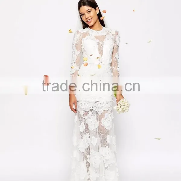MGOO Lace 3D Floral Fishtail Maxi Dress Crew Neck Long Sleeves Embroidered Wedding Dress Bridal Grown photo-5