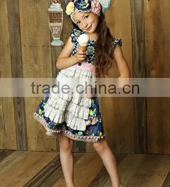 Newest Summer Persnickety Remake Girls Boutique Outfit Children Floral Ruffle Princess Dress and Stripe Capris Set photo-6