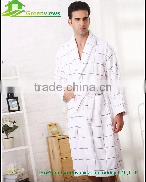 Men Cotton Bathrobe Plaid White and Black Cheap Cotton Men Bathroom Robes photo-2