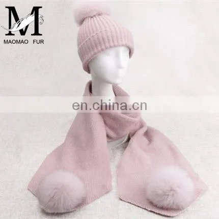 Winter Wool Knitted Beanies Scarf Fox Fur Pompom Knitted Hat Wool photo-2