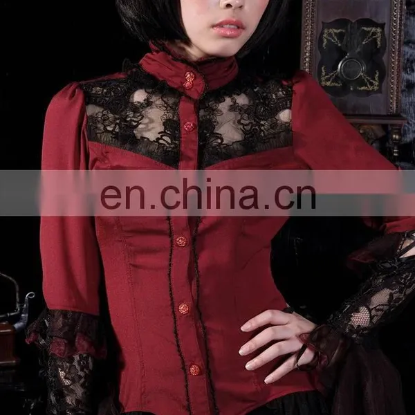 Gothic Dark Red Shirt With Ruffled Sleeves and Floral Lace Mesh photo-4