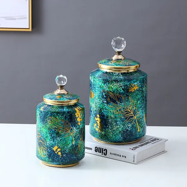 European Classic Style Green Leaf Painting Ceramic Flower Vase With Crystal Lid For Hallway Decoration photo-3