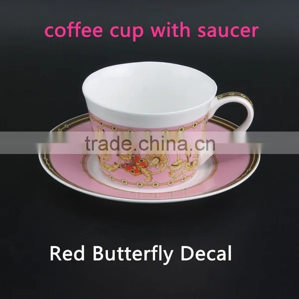 With Red Color Butterfly Decal 250ml Ceramic Coffee Cup Round Shape Bone China Cup With Saucer photo-2