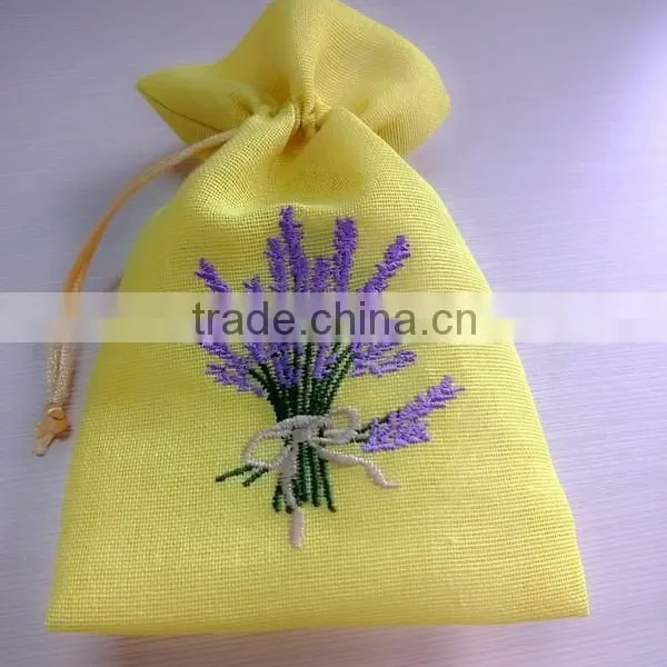 Lavender Design Embroidery Handmade Small Mini Cotton Linen Sachet Bags Gift Bags Jewelry Bags With Silk Ribbon photo-2