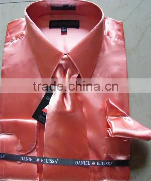 Mens Satin Shirts Man Solid Satin Silk Dress Shirts With Tie and Handkerchief