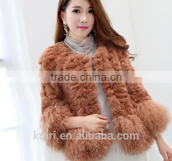 Women's Real Rabbit Fur Coat With Mongolia Lamb Fur Big Skirt Hem Bright Color Natural Fur Coats Female photo-5