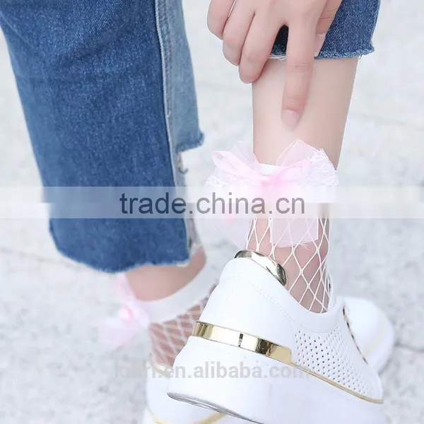 WS-23 2017New Hot Women Ruffle Large Fishnet Ankle High Socks Bow Tie Hollow Out Thin Mesh Lace Fish Net Short Socks photo-2