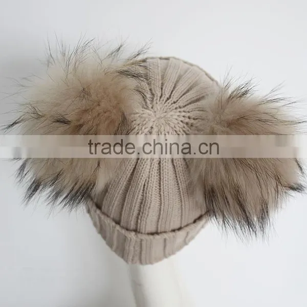 Myfur Cute Double Raccoon Fur Pom Poms Attached Ribbed Knitting Hat Wholesale photo-4