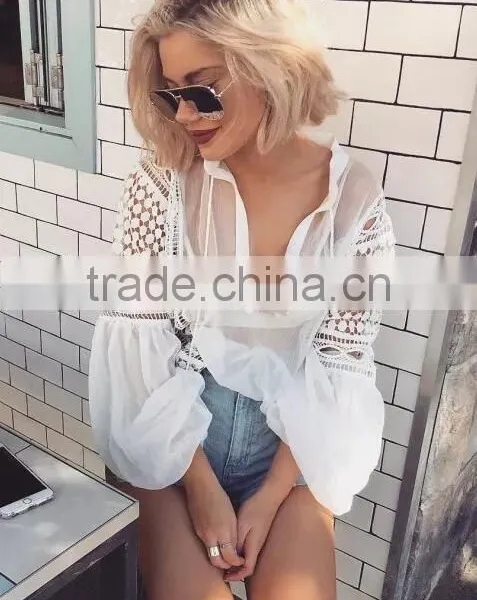 Runwaylover 126 Hot Sale 2017 Ladies Fashion Lace Transparent Chiffon Blouse photo-4