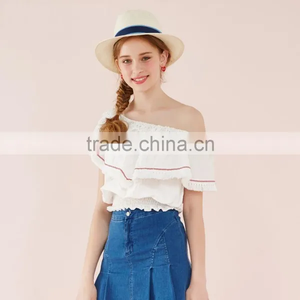 2017 Latest Fashion Design Lotus Leaf Sleeve Sexy Ladies Top Women Blouse for Wholesale photo-2