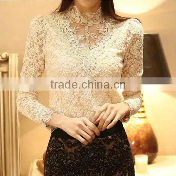 Latest Fashion Long Sleeve Lace Top Beaded Lace Blouse