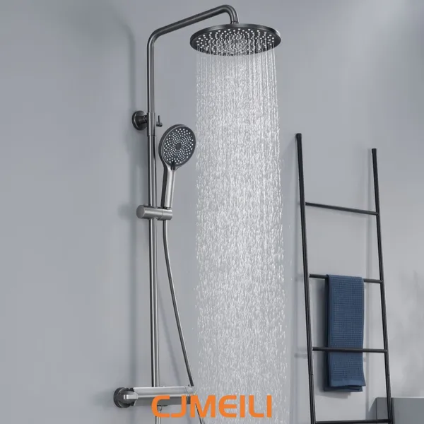 Brass 3-Function Shower Faucet Set, Gunmetal Gray Shower System With Rain Shower Head & Handheld Spray, Wall-Mounted Bathroom Shower Mixer Tap photo-3