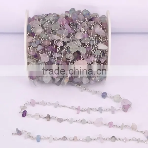 Natural Fluorite Cabochon Beaded Rosary Chains Silver Plated Clip Bead Links Wire Wrapped Chain