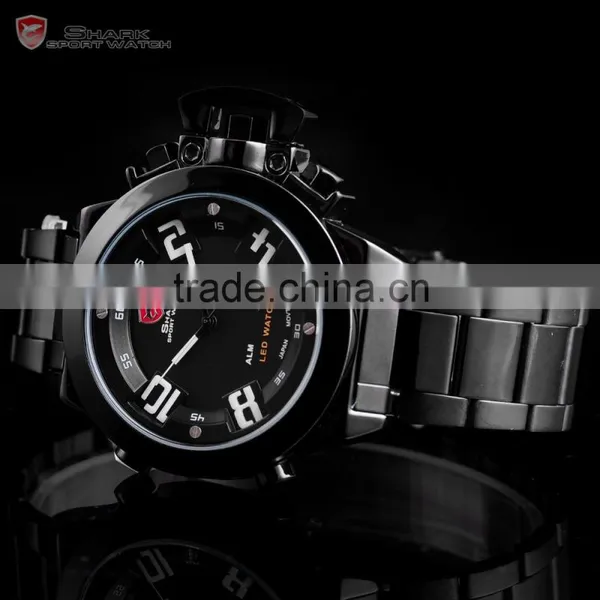 Shark LED Analog Digital Day Date Black Steel Mens Sports Quatrz Wrist Watch photo-3