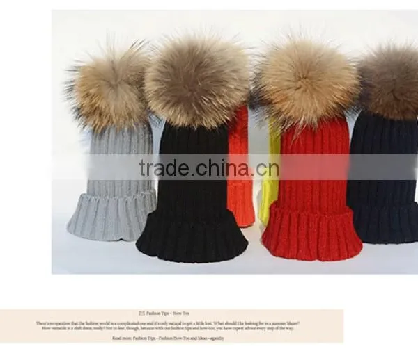 Children Hat Kids Hat Children Winter Raccoon Fur Hats 100% Real 15cm Fur Pompom Beanies Cap Natural Fur Hat For Kids Children photo-2