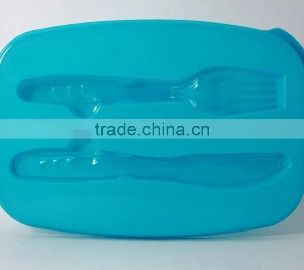 Microwave Safe Plastic 2 Compartments Lunch Box With Fork and Knife on Lid photo-3