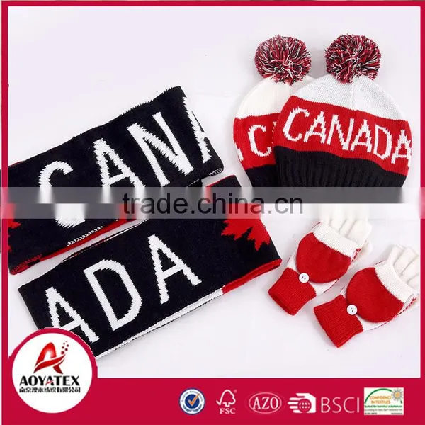 Jacquard Football Double Layers Scarf Hat Gloves Woven Acrylic Sets photo-3