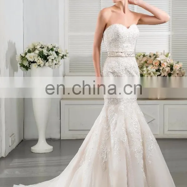 Latest Design White French Lace Fabric Charming Sash Lace Appliqued and Beaded Bridal Wedding Gowns photo-2