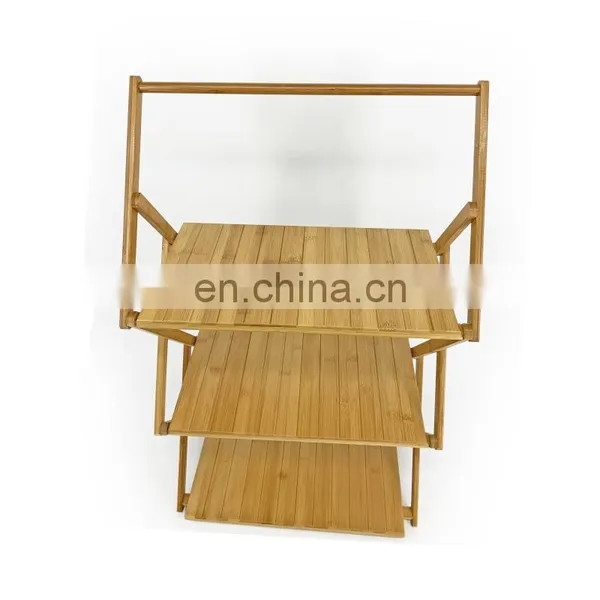 Outdoor Bamboo Wood Picnic Camping Rack Portable With Handle Japanese-style Folding Three-layer Storage Rack photo-2