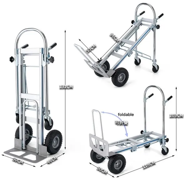 3 in 1 Style Aluminum Trolley Foldable Push Cart 770lbs/250KG Weight Capacity With Inflatable and Solid Rubber Wheels