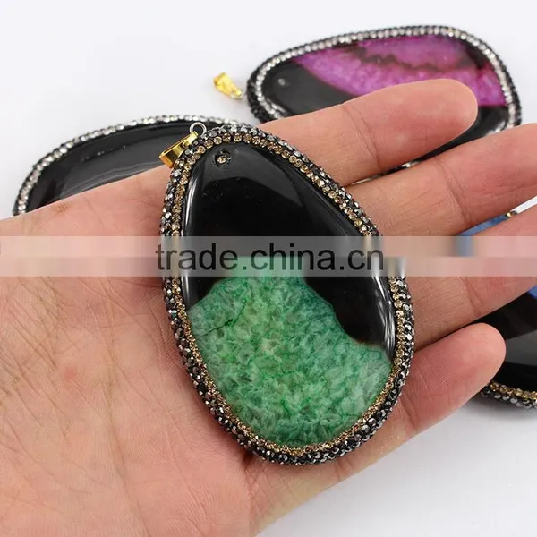 JF6901 Fashion Beautiful Crystal Paved 2 Double Colours Agate Slice Pendants photo-2