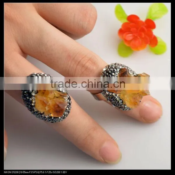 LFD-0015R ~ Nature Topaz Quartz Rings, Crystal Rhinestone Paved Druzy Gemstone Ring Jewelry Rhodium Plated Quartz Finger Rings photo-3