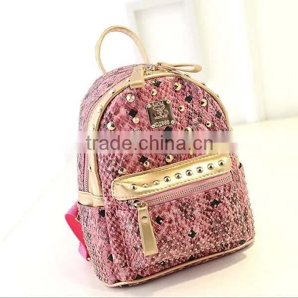 2015 new snake pattern rivet shoulder bag leather backpack high school backpack