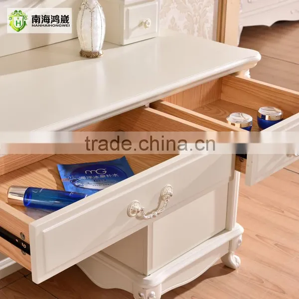 Luxury Antique European French Baroque Style Ivory White Hand Carved Wooden MDF Vanity Dressing Table Set photo-3