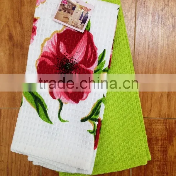 2pcs Yarn Dye Waffle Tea Towel With Flower Design Silk Screen Printing