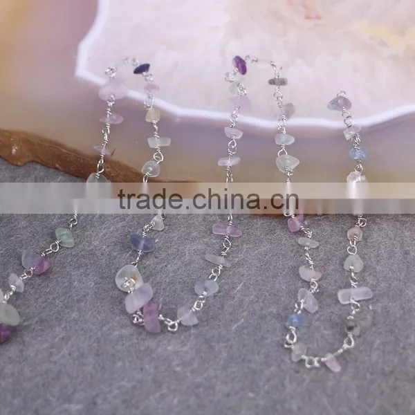 Natural Fluorite Cabochon Beaded Rosary Chains Silver Plated Clip Bead Links Wire Wrapped Chain photo-5