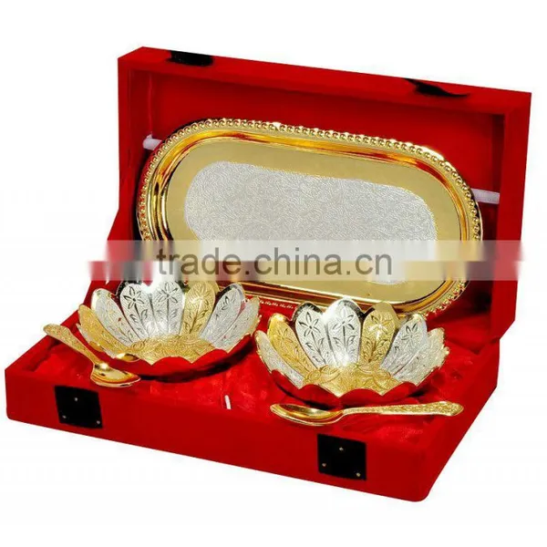 Silver & Gold Plated Embossed 2 Piece Brass Kamal Serving Bowl With Spoon & Tray Gift Box Set