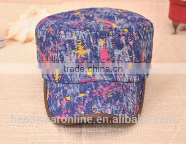 Colorful Maple Leaf Printed Denim Military Caps and Hats photo-5