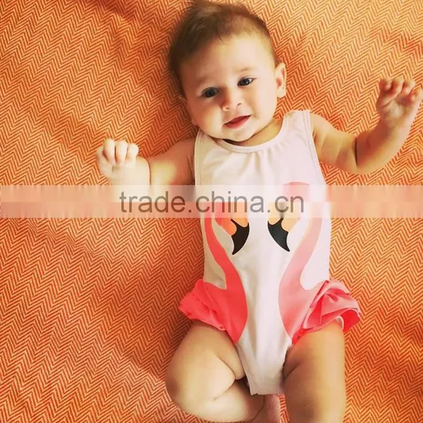 2017 Hot Sale Baby Girls Swan Printed Swimwear With Hat Suit photo-2