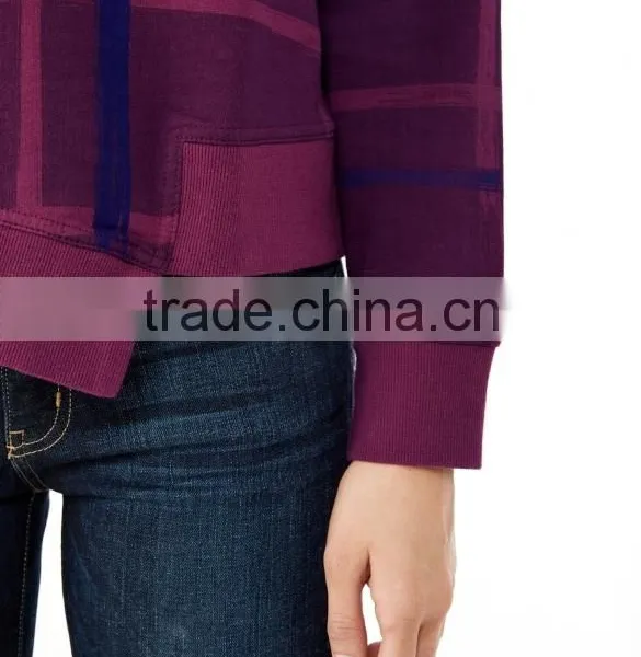 Newly Designed Purple Plead Eco-Micro Fleece Crew Sweatshirt With Irregular Hem for Women photo-4