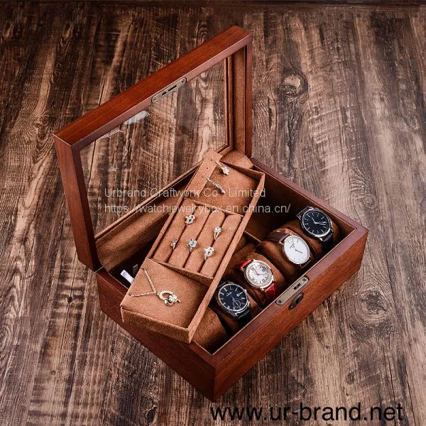 Custom Logo Luxury Retro Design Wooden Pocket Watch Storage Box Lock Wood Glass Watch Boxes Display Cases For Men photo-2